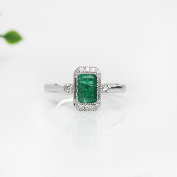1.0Ct Zambian Emerald Ring with Natural Diamond Accents in Solid 14K White Gold